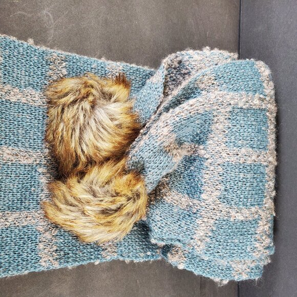 Simply Noelle Luxe Knit Scarf with Faux Fur Pom Poms — Blue & Gray Plaid Winter - Picture 6 of 6